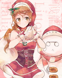1girl blush brown_eyes brown_hair character_name closed_mouth fringe_trim glasses hat holding holding_sack italia_(kancolle) itomugi-kun kantai_collection littorio_(kancolle) long_hair official_alternate_costume pince-nez pom_pom_(clothes) red_hat sack santa_costume santa_hat scarf smile snowman solo the_roma-like_snowman