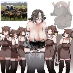  6+girls absurdres animal_ears animal_print at2. black_hair breasts brown_dress brown_hair brown_thighhighs commentary cow cow_ears cow_girl cow_horns cow_print cow_tail cowboy_shot dress ear_tag eating elbow_gloves english_commentary expressionless fingerless_gloves frown gloves grass grey_hair hands_up highres horns huge_breasts leaning_forward medium_breasts multicolored_hair multiple_girls original pleated_skirt reference_inset sanpaku second-party_source short_hair sidelocks simple_background size_difference skindentation skirt streaked_hair tail tall_female thighhighs thighs white_background white_hair white_skirt  rating:Questionable score:36 user:danbooru
