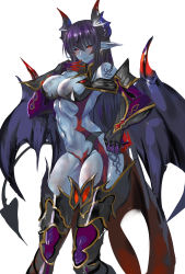  1girl absurdres bare_shoulders black_sclera blue_skin breasts claws cleavage colored_sclera colored_skin commentary commission cowboy_shot demon_(monster_girl_encyclopedia) demon_girl demon_horns demon_tail demon_wings earrings english_commentary highres horns jewelry large_breasts long_hair long_pointy_ears looking_at_viewer monster_girl monster_girl_encyclopedia monster_girl_encyclopedia_ii navel olalehee pointy_ears purple_hair red_eyes simple_background solo tail white_background wings  rating:Sensitive score:66 user:danbooru