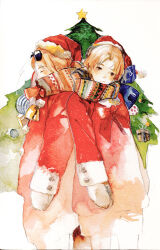  2boys america_(hetalia) axis_powers_hetalia bell blonde_hair bow bowtie brown_eyes buttons canada_(hetalia) christmas christmas_ornaments christmas_star christmas_tree closed_eyes collar collared_shirt commentary_request covered_mouth eyewear_on_head feet_out_of_frame fur-trimmed_headwear fur-trimmed_sleeves fur_collar fur_trim hat light_blush long_sleeves looking_at_viewer male_focus mittens multicolored_clothes multicolored_scarf multiple_boys neck_bell nineo painting_(medium) red_bow red_bowtie red_hat red_shirt red_shorts red_sleeves santa_hat scarf shirt short_hair shorts sunglasses traditional_media watercolor_(medium) white_background white_collar white_mittens 