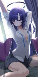  1girl :o absurdres arms_up bare_legs black_skirt blue_archive blush breasts cleavage halo highres indoors long_hair looking_to_the_side medium_breasts neck_ribbon partially_unbuttoned pleated_skirt purple_hair ribbon shirt sitting skirt solo stretching sukoyaka_konbu undone_neck_ribbon very_long_hair wariza white_shirt yuuka_(blue_archive) 