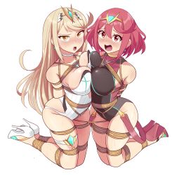 2girls absurdres angry bagelbomb bare_shoulders bdsm blonde_hair blush bondage bound bound_together breasts brown_eyes competition_swimsuit crotch_rope earrings full_body gem hair_ornament headpiece highres jewelry kneeling large_breasts long_hair multiple_girls mythra_(radiant_beach)_(xenoblade) mythra_(xenoblade) nervous nintendo one-piece_swimsuit open_mouth pink_hair pyra_(pro_swimmer)_(xenoblade) pyra_(xenoblade) shibari short_hair sweat sweatdrop swimsuit tiara very_long_hair wet xenoblade_chronicles_(series) xenoblade_chronicles_2 yellow_eyes rating:Questionable score:138 user:danbooru