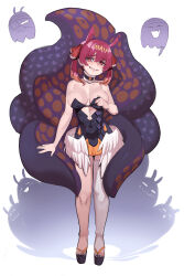  1girl absurdres alternate_costume bare_shoulders black_dress blush breasts clothes_grab collar dress feathered_wings full_body fur-trimmed_collar fur_trim gradient_hair hair_between_eyes hair_ornament hair_ribbon heterochromia highres hololive hololive_english houshou_marine large_breasts lipstick long_hair looking_at_viewer low_wings makeup multicolored_hair nail_polish ninomae_ina&#039;nis ninomae_ina&#039;nis_(1st_costume) okobo orange_hair platform_footwear purple_collar purple_dress purple_nails red_eyes red_hair red_ribbon ribbon sandals sho-n-d sidelocks simple_background single_thighhigh sketch skindentation smile strapless strapless_dress tabi takodachi_(ninomae_ina&#039;nis) teeth tentacles thighhighs toenail_polish toenails tube_dress twintails virtual_youtuber white_thighhighs white_wings wings yellow_eyes 