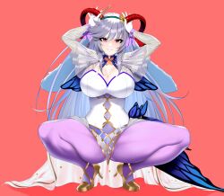  1girl absurdres animal_ears blue_hair breasts cleavage commission curled_horns fake_animal_ears fire_emblem fire_emblem_heroes floppy_ears flower freyja_(fire_emblem) freyja_(spring)_(fire_emblem) gloves gluteal_fold goat_horns grey_hair grin hair_ornament headband highres horns huge_breasts large_breasts leotard long_hair looking_at_viewer mature_female monochrome_background multicolored_hair nintendo official_alternate_costume open_mouth pantyhose porougon purple_pantyhose rabbit_ears rabbit_pose red_eyes red_horns ribbon see-through smile solo squatting wrist_ribbon 