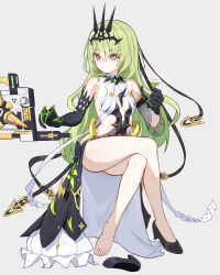  1girl asymmetrical_gloves bare_shoulders black_footwear black_gloves breasts closed_mouth crossed_legs crown dated_commentary dress earrings full_body gloves green_eyes green_hair grey_background high_heels highres honkai_(series) honkai_impact_3rd invisible_chair jewelry long_hair mismatched_gloves mobius_(honkai_impact) shimizu_(user_hfph8235) shoes simple_background single_shoe sitting slit_pupils small_breasts solo toes white_dress 