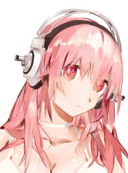  1girl bare_shoulders breasts chinese_commentary choker closed_mouth collarbone commentary_request hair_over_shoulder head_tilt large_breasts light_smile long_hair looking_at_viewer nitroplus pink_eyes pink_hair pink_pupils simple_background solo starshadowmagician super_sonico tank_top upper_body white_background white_choker white_headphones white_tank_top 