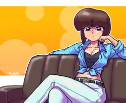  1girl arm_rest artist_name belt belt_buckle black_belt black_shirt blue_shirt blunt_bangs blunt_ends bob_cut border breasts brown_eyes brown_hair buckle circle cleavage collarbone collared_shirt commentary couch crop_top crossed_legs denim dress_shirt elbow_rest feet_out_of_frame front-tie_top gradient_background hand_on_own_face head_rest inverted_bob jeans letterboxed looking_at_viewer medium_breasts midriff navel on_couch open_clothes open_shirt outline outside_border overshirt pants pinstripe_pattern pinstripe_shirt ranma_1/2 shirt short_hair signature sitting solo striped_clothes striped_shirt tendou_nabiki vertical-striped_clothes vertical-striped_shirt wanta_(futoshi) white_border white_outline white_pants white_shirt yellow_background 