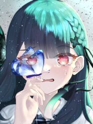  1girl bug butterfly crying crying_with_eyes_open green_hair hair_ribbon highres hololive insect looking_at_viewer open_mouth red_eyes ribbon rumelog school_uniform solo tears uruha_rushia virtual_youtuber 