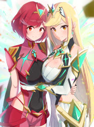  2girls absurdres asymmetrical_docking backless_dress backless_outfit bare_shoulders blonde_hair breast_press breasts cleavage cleavage_cutout clothing_cutout core_crystal_(xenoblade) covered_navel cowboy_shot dress drop_earrings earrings fingerless_gloves gloves hand_on_another&#039;s_waist highres impossible_clothes jewelry large_breasts long_hair looking_at_viewer multiple_girls mythra_(xenoblade) oruru63100814 pyra_(xenoblade) red_eyes red_hair red_shorts short_hair short_shorts shorts smile swept_bangs tiara very_long_hair white_dress xenoblade_chronicles_(series) xenoblade_chronicles_2 yellow_eyes 