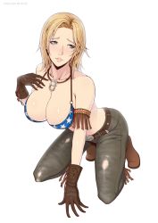  1girl bad_id bad_pixiv_id bare_shoulders belt blonde_hair blue_eyes blush boots breasts cleavage collarbone dead_or_alive denim full_body gloves jeans large_breasts long_hair o-ring o-ring_top pants shiny_skin simple_background solo tecmo tina_armstrong torn_clothes torn_jeans torn_pants vasily_(run211) white_background 