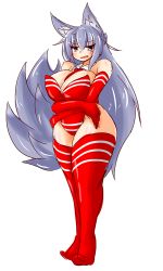  1girl animal_ears ayazumi_flutter bare_shoulders blue_eyes blue_hair breasts cleavage curvy elbow_gloves female_focus full_body gloves huge_breasts leotard long_hair looking_at_viewer necktie open_mouth red_gloves red_thighhighs simple_background solo standing tail thick_thighs thighhighs thighs very_long_hair white_background wide_hips wolf_ears wolf_tail  rating:Sensitive score:12 user:Xander