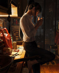 1girl bag barefoot beer_can black_bra black_coat black_hair black_pants bottle bra breasts can chopsticks cigarette cigarette_pack closed_eyes closed_mouth coat collared_shirt drink_can fire from_side frying_pan guweiz highres indoors key keyring long_hair long_sleeves mouth_hold original pants plastic_bag ponytail profile see-through shirt small_breasts solo spray_bottle standing standing_on_one_leg stove trash_can underwear unworn_coat very_long_hair wet wet_clothes wet_shirt white_shirt window rating:Sensitive score:10 user:danbooru