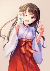  1girl ;d blush bow brown_eyes brown_hair commentary_request hakama hakama_skirt half_updo highres idolmaster idolmaster_cinderella_girls japanese_clothes long_hair looking_at_viewer miko new_year omikuji one_eye_closed one_side_up open_mouth red_bow red_hakama shimamura_uzuki simple_background skirt smile solo takoyaki_(roast) translated v wide_sleeves 