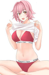 1girl bra breasts calvin_klein cleavage clothes_lift clothes_writing commentary_request hair_intakes highres indian_style kantai_collection kinu_(kancolle) large_breasts lifting_own_clothes orange_eyes panties red_bra red_eyes red_panties shirt shirt_lift short_hair simple_background sitting smile solo takase_asagiri underwear white_background white_shirt