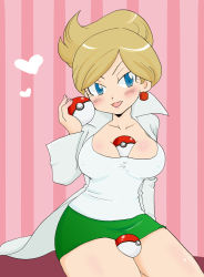 10s 1girl arm_support aurea_juniper between_breasts blue_eyes blush breasts cleavage collarbone creatures_(company) earrings game_freak heart jewelry lab_coat large_breasts light_brown_hair looking_at_viewer miniskirt nintendo open_mouth poke_ball pokemon pokemon_bw simple_background sitting skirt smile solo  rating:Questionable score:23 user:Furio