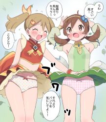  2girls arms_up blonde_hair blue_flower blush brown_eyes brown_hair closed_eyes clothes_lift commentary_request creatures_(company) detached_sleeves eyelashes flower flying_sweatdrops game_freak hair_flower hair_ornament hairband looking_up lyra_(pokemon) lyra_(sygna_suit)_(pokemon) may_(pokemon) may_(sygna_suit)_(pokemon) multiple_girls nintendo official_alternate_costume open_mouth panties pokemon pokemon_masters_ex pumpkinpan skirt skirt_lift speech_bubble translation_request twintails underwear wind wind_lift wristband yellow_hairband 