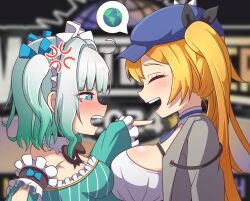 2girls anger_vein angry blonde_hair blue_eyes bow breast_press breasts dokibird_(vtuber) dress frilled_dress frills green_hair hair_tie hat indie_virtual_youtuber jacket jacket_on_shoulders large_breasts laughing looking_at_another maid medium_breasts mint_fantome mizmillificent multicolored_hair multiple_girls pointing pointing_at_another star_(symbol) tearing_up teeth tongue triangular_headpiece twintails upper_body_only white_hair