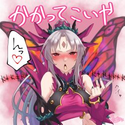  butterfly_wings crown_of_thorns facial_mark fairy fairy_wings fire_emblem fire_emblem_heroes forehead_mark grey_hair hair_vines heart highres insect_wings marth-chan_(micaiah_mrmm) nintendo plant plant_hair plumeria_(fire_emblem) pointy_ears red_eyes speech_bubble thorns translation_request vines wings 