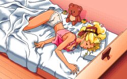  1girl 90&#039;s bed blonde_hair dark_skin kuramitsu_mihoshi long_hair pillow pixel_art sleeping stuffed_toy tenchi_muyou! 
