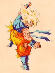  1boy blonde_hair blood blood_from_mouth blue_footwear blue_sash blue_shirt blue_wristband boots dragon_ball dragonball_z fighting_stance full_body green_eyes highres male_focus muscular muscular_male orange_pants orange_shirt pants pato007711 sash shirt simple_background solo son_goku super_saiyan super_saiyan_1 torn_clothes torn_pants torn_shirt 