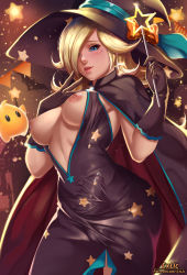 1futa black_dress black_gloves blonde_hair blue_eyes blush bow breasts breasts_out bulge center_opening cowboy_shot cum cum_in_clothes cum_through_clothes dress erection erection_under_clothes exlic futanari gloves hair_over_one_eye halloween halloween_costume hat hat_bow highres holding holding_wand lips long_hair looking_at_viewer luma_(mario) mario_(series) medium_breasts nintendo nipples parted_lips patreon_username penis rosalina side_slit solo star_(symbol) star_wand taut_clothes wand witch witch_hat rating:Explicit score:178 user:danbooru