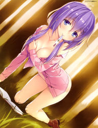  1girl absurdres all_fours blue_eyes blush book boots bottomless breast_hold breasts cleavage collarbone dengeki_moeou dutch_angle hair_between_eyes hair_ornament hair_over_shoulder hairclip highres large_breasts long_hair low_twintails mouth_hold naked_shirt navel off_shoulder open_clothes open_shirt outdoors purple_hair scan shirt smile solo twintails yuuki_hagure  rating:Questionable score:45 user:danbooru
