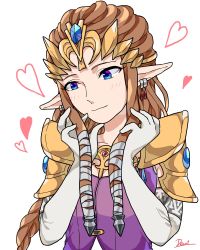  1girl bad_id bad_pixiv_id blue_eyes blue_hair blush brown_hair earrings elbow_gloves female_focus gloves heart highres jewelry kuroomi long_hair nintendo pointy_ears princess_zelda simple_background smile solo the_legend_of_zelda the_legend_of_zelda:_twilight_princess white_background white_gloves  rating:Sensitive score:23 user:MoreThan2Problems
