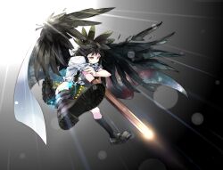  1girl arm_cannon asymmetrical_footwear bird_wings black_hair black_wings bow cape closed_mouth commentary_request control_rod feathered_wings gorilla_(bun0615) green_bow green_skirt hair_bow highres long_hair mismatched_footwear orange_eyes reiuji_utsuho shirt short_sleeves skirt smile solo touhou weapon white_shirt wings 