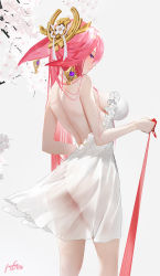 1girl ass backless_dress backless_outfit breasts cherry_blossoms dress frilled_dress frills genshin_impact highres long_hair looking_at_viewer omone_hokoma_agm pink_hair purple_eyes see-through sideboob sidelocks solo thighs white_background white_dress yae_miko rating:Sensitive score:35 user:danbooru