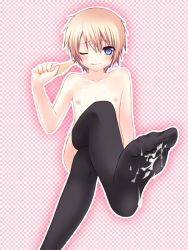  1boy absurdres bad_id bad_pixiv_id banana blonde_hair blue_eyes blush candy crossed_legs cum cum_on_body cum_on_feet cum_on_lower_body facial feet flat_chest food foreshortening fruit highres licking_lips lollipop male_focus nana_mikoto nipples one_eye_closed original short_hair sitting soles solo thighhighs tongue tongue_out trap wink  rating:Explicit score:43 user:danbooru