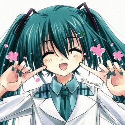  1girl ^_^ alternate_costume aqua_hair aqua_nails aqua_necktie aqua_shirt closed_eyes collared_shirt facing_viewer fang fingers_to_cheeks flower food-themed_hair_ornament hair_ornament hajang68 hands_up hatsune_miku jacket long_hair long_sleeves nail_polish necktie open_mouth petals pink_flower plaid shirt smile solo spring_onion_hair_ornament twintails twitter_username upper_body vocaloid white_background white_jacket 