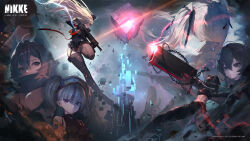 6+girls ahoge assault_rifle bare_shoulders beret black_pants black_skirt breasts chain character_request cinderella_(nikke) commentary copyright_name crop_top english_commentary garter_straps goddess_of_victory:_nikke grey_hair gun hair_over_one_eye hairband hat highres large_breasts long_hair mask medium_breasts microskirt midriff multiple_girls necktie official_art pants rapi_(nikke) red_hood_(nikke) red_necktie rifle skirt thighhighs toned twintails weapon