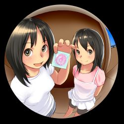  2girls age_difference black_hair blush breasts brown_eyes condom condom_wrapper highres holding holding_condom kikurage_(crayon_arts) loli looking_at_viewer medium_breasts multiple_girls open_mouth original peephole sexually_suggestive shirt small_breasts smile standing t-shirt tagme  rating:Questionable score:290 user:lurquaro