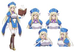  10s 1girl blonde_hair blue_eyes blush book boots breasts character_design character_print character_sheet concept_art garter_straps glasses gloves large_breasts long_hair looking_at_viewer melpha nun open_mouth queen&#039;s_blade queen&#039;s_blade_unlimited scan tanding thighhighs  rating:Sensitive score:27 user:Saiake