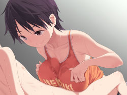 1boy 1girl age_difference bare_shoulders black_eyes black_hair blush breast_press breasts camisole censored clothed_female_nude_male clothes_writing earrings happy_sex hetero highres jewelry large_breasts legs mosaic_censoring nora_higuma nude onee-shota original paizuri paizuri_under_clothes penis penis_under_another&#039;s_clothes purple_eyes short_hair shota simple_background sitting smile sweat sweat_stain thighs rating:Explicit score:157 user:Kentabarou