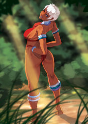  1girl alternate_color armlet ass backless_outfit breasts cleavage dark_skin elena_(street_fighter) from_behind hands_on_own_hips head_tilt highres looking_back sideboob silver_hair street_fighter street_fighter_iii_(series) tovio_rogers tree tribal  rating:Sensitive score:55 user:dmysta3000