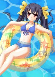 10s 1girl ayastyle bikini black_hair blue_bikini blush bow breasts cleavage female_focus front-tie_top hair_bow hair_ornament highres innertube long_hair looking_at_viewer navel neptune_(series) noire_(neptunia) partially_submerged red_eyes sarvuant smile solo swim_ring swimsuit twintails very_long_hair wardrobe_error water