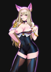 1girl ahri_(league_of_legends) animal_ears bare_shoulders black_background black_shorts blonde_hair bra bra_pull bracelet breasts brown_eyes bustier choker clothes_pull contrapposto facial_mark fox_ears glowing hand_on_own_hip hand_on_own_chest headset heart highres jewelry k/da_(league_of_legends) k/da_ahri large_breasts league_of_legends long_hair looking_at_viewer makeup nail_polish nipples pd_(pdpdlv1) pink_nails see-through shorts smirk solo swept_bangs thighhighs underwear whisker_markings rating:Questionable score:69 user:danbooru