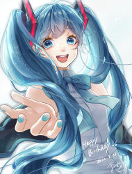  1girl :d absurdres ahoge black_sleeves blue_bow blue_eyes blue_hair bow detached_sleeves drop_shadow grey_shirt happy_birthday hatsune_miku highres long_hair mai_mugi open_mouth reaching reaching_towards_viewer shirt signature sleeveless smile solo sparkle teeth twintails upper_teeth_only vocaloid 