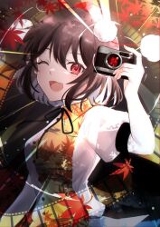  1girl :3 :d autumn_leaves black_hair black_ribbon breasts camera collared_shirt commentary_request hat highres holding holding_camera leaf_print looking_at_viewer neck_ribbon one_eye_closed open_mouth pom_pom_(clothes) puffy_short_sleeves puffy_sleeves red_eyes red_hat ribbon rokuya_(68_zusao) shameimaru_aya shirt short_hair short_sleeves small_breasts smile solo tokin_hat touhou upper_body white_shirt 