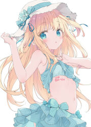  1girl bare_shoulders blonde_hair blue_bra blue_eyes blue_ribbon blush body_writing bra breasts clothes_lift commentary_request crop_top hair_ribbon hat highres kani_biimu lifted_by_self long_hair looking_at_viewer navel original parted_lips ribbon shimotsuki_potofu simple_background skirt small_breasts solo underwear upper_body white_background 