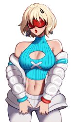  1girl bare_shoulders blonde_hair blue_sweater breasts cleavage cleavage_cutout clothing_cutout coat cropped_sweater earrings evie_(fortnite) fortnite highres jewelry large_breasts looking_at_viewer magaska19 navel off_shoulder official_alternate_costume official_alternate_hairstyle open_clothes open_coat pants red-tinted_eyewear red_lips ribbed_sweater short_hair simple_background sleeveless sleeveless_sweater snow_goggles solo summitseeker_evie_(fortnite) sweater tinted_eyewear white_background white_coat white_pants 