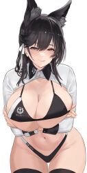  1girl absurdres atago_(azur_lane) atago_(stunning_speedster)_(azur_lane) azur_lane bikini black_bikini black_hair blush breasts brown_eyes chiyu1182 cleavage extra_ears highres large_breasts licking_lips long_hair long_sleeves looking_at_viewer navel official_alternate_costume race_queen shrug_(clothing) smile solo swimsuit thighhighs tongue tongue_out 