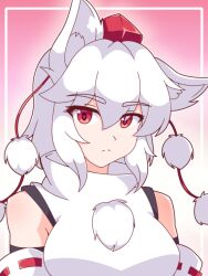  1girl absurdres animal_ears bare_shoulders blush breasts detached_sleeves hat highres inubashiri_momiji looking_at_viewer mountain_of_faith neferkitty pom_pom_(clothes) red_eyes ribbon-trimmed_sleeves ribbon_trim short_hair simple_background solo tokin_hat touhou white_hair wolf_ears wolf_girl 