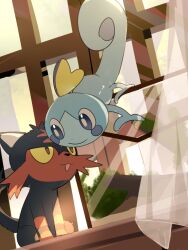  blue_eyes bright_pupils closed_mouth commentary_request creatures_(company) curtains eye_contact game_freak gen_7_pokemon gen_8_pokemon highres litten looking_at_another nintendo no_humans open_mouth pokemon pokemon_(creature) sitting smile sobble suikaels white_pupils 