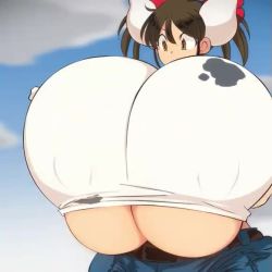 1girl animated bouncing_breasts breast_expansion breasts brown_eyes brown_hair cow_girl gigantic_breasts gloves hataraki_ari horns nipples open_mouth original solo sukimi tagme video rating:Questionable score:140 user:Vardigiil