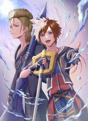  2boys absurdres artist_name black_gloves black_jacket black_robe blonde_hair blue_eyes brown_hair chain chain_necklace closed_mouth cocoro_oq cowboy_shot day demyx drawstring fingerless_gloves from_side gloves highres holding holding_instrument holding_weapon hood hood_down hooded_robe hydrokinesis instrument jacket jewelry keyblade kingdom_hearts kingdom_hearts_ii kingdom_key looking_at_viewer male_focus medium_hair multiple_boys necklace offering_hand open_mouth outdoors robe short_hair sideways_glance sky sora_(kingdom_hearts) spiked_hair standing sun teeth upper_teeth_only water weapon 