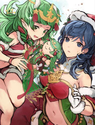  2girls :o bare_shoulders blue_eyes blue_hair breasts byleth_(female)_(fire_emblem) byleth_(female)_(frosty_professor)_(fire_emblem) byleth_(fire_emblem) character_doll christmas commentary_request doll dress fire_emblem fire_emblem:_three_houses fire_emblem_heroes floating fur-trimmed_dress fur-trimmed_gloves fur_trim gloves green_eyes green_hair grey_background haru_(nakajou-28) highres holding holding_doll long_hair medium_breasts midriff multiple_girls navel nintendo official_alternate_costume red_dress santa_costume simple_background smile sothis_(fire_emblem) sothis_(winter)_(fire_emblem) stomach sweatdrop twintails very_long_hair white_gloves 