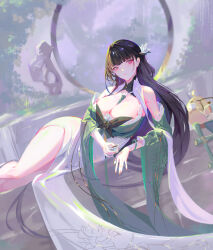  1girl azur_lane bare_shoulders between_breasts black_hair breasts cleavage cup detached_sleeves dress feet_out_of_frame flower green_dress hair_flower hair_ornament highres holding holding_cup huge_breasts long_hair lying manjuu_(azur_lane) official_alternate_costume on_side sansan_(dongfangzhong111) solo strap_between_breasts very_long_hair white_dress white_flower yat_sen_(azur_lane) yat_sen_(pristine_leaves_rich_warmth)_(azur_lane) 