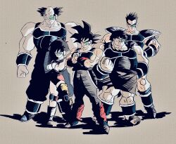  1girl 4boys armband balding bardock black_eyes black_hair boots bracer clenched_hand collarbone cracking_knuckles cross_scar crossed_arms dragon_ball dragonball_z facial_hair facial_scar hands_on_own_hips highres leotard looking_at_viewer monkey_tail multiple_boys muscular muscular_male mustache oharu2000 panbukin_(dragon_ball) saiyan saiyan_armor scar scar_on_cheek scar_on_face scar_on_head scouter seripa shaded_face sleeveless spiked_hair standing tail tail_around_waist toma_(dragon_ball) toriyama_akira_(style) toteppo 